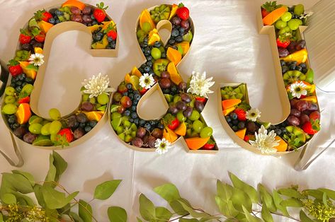 Mrs Fruit Tray, Fruit In Letters, Fruit Bar For Wedding, Letter Fruit Charcuterie Board, Initial Fruit Display, Fruit Bar At Wedding, Fruit In Letter Tray, Fruit Letter Tray, One Fruit Letters