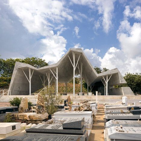 The thick folded concrete canopy of this structure in an Israeli graveyard is supported by slender tree-shaped columns that pay homage to a razed orchard Tree Structure, Canopy Shelter, Concrete Building, Urban Furniture, Structure Architecture, Canopy Outdoor, Architectural Inspiration, Built Environment, Green Building