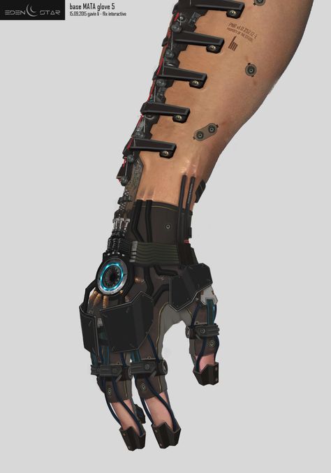 Eden Star Prop - Arm 'MATA Tool' Augmentation, Gavin Li on ArtStation at https://www.artstation.com/artwork/Xa3Aw Body Augmentation Cyberpunk, Futuristic Gloves Concept Art, Prosthetic Arm Character Design, Gloves Concept Art, Cybernetic Augmentation, Bionic Arm, Mechanical Arm, Futuristic Armour, Metal Arm