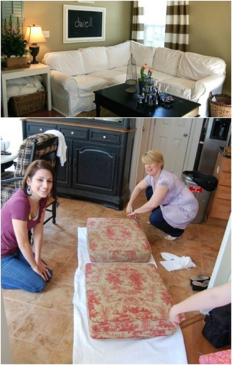 20 Easy To Make DIY Slipcovers That Add New Style To Old Furniture Diy Sectional Slipcover, No Sew Slipcover, Diy Sectional, Drop Cloth Slipcover, Diy Couch Cover, Diy Sofa Cover, Diy Chair Covers, Couch Repair, Couch Makeover