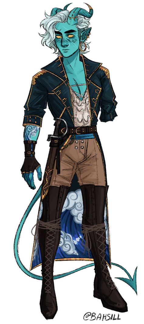 Sailor Outfit Drawing Reference, Tiefling Sailor, Dnd Triton Character Design, Christmas Dnd Character, Navy Character Design, Tiefling Outfit, D&d Food Ideas, Spelljammer Characters, Male Pirate Oc