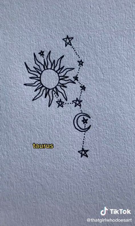 from: @thatgirlwhodoesart on tiktok Tattoo Ideas Astrology Taurus, Taurus Sun Tattoo, Taurus Doodle, Taurus Spine Tattoo, Small Taurus Tattoo For Women, Zodiac Doodles, Taurus Tattoo For Women, Hippy Tattoo, Taurus Tattoo Ideas