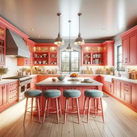 coral farmhouse kitchen cabinets Coral Kitchen Cabinets, Best Cabinet Colors, Colored Kitchen Cabinets, Coral Kitchen, Purple Cabinets, Colored Kitchen, Red Cabinets, Yellow Cabinets, Colorful Backsplash