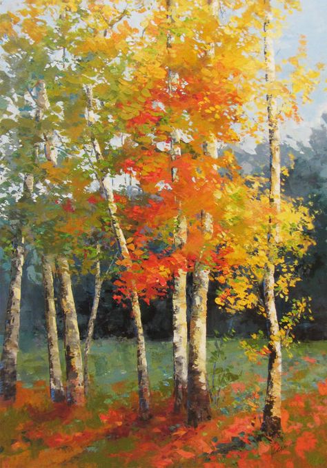 Fall Birch Trees Northern Michigan art print – Lake Effect Gallery Yellow Nature Painting, Green And Orange Painting, Autumn Art Painting, Fall Forest Painting, Orange Paintings, 자작나무 그림, Forest Paintings, Birch Trees Painting, Birch Trees Landscaping