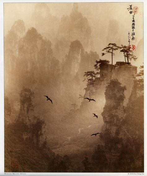 Don Hong-Oai's mystical and delicately toned sepia landscapes using the Chinese ''pictorial'' style of layering several negatives to compose a scene. Sepia Painting, Sepia Drawing, Sepia Landscape, Sepia Art, Zen Painting, Asian Landscape, Chinese Artwork, Chinese Landscape Painting, Art Chinois