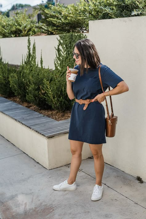 Check out this easy to recreate outfit featuring a $30 t-shirt dress from the sustainable clothing brand, Everlane. Add a belt to cinch your waist, white sneakers and you have the easiest and comfortable t-shirt dress outfit. #elevatedeveryday #styletips Tee Shirt Dress Outfit, Tshirt Dress Outfit, Dress And Sneakers Outfit, Casual T Shirt Dress, Navy Shirt Dress, Closet Needs, Shirt Dress Outfit, Simple Summer Outfits, Lucky Dog