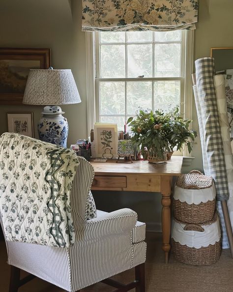 Tessa Foley (@nineandsixteen) • Instagram photos and videos Gingham Chair, Nine And Sixteen, Tessa Foley, Cottage Office, Tie Pillows, Farmhouse Office, Mood Board Design, Cozy Cottage, Round Tablecloth