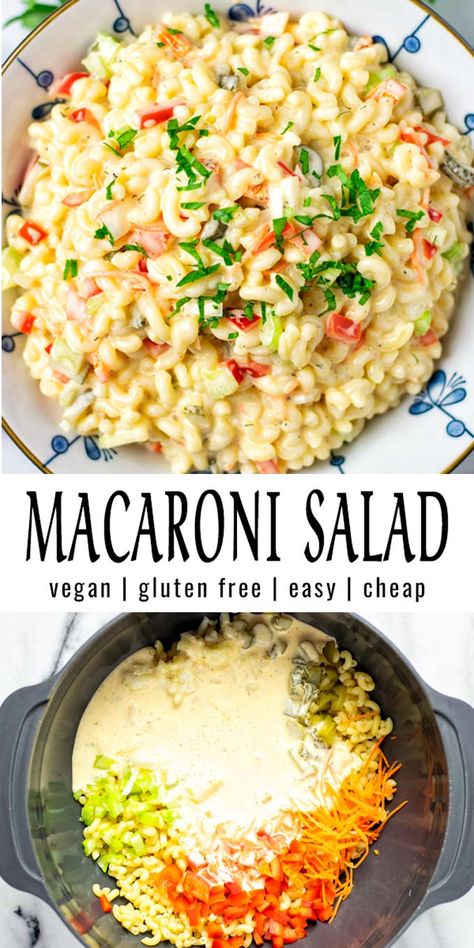 This creamy Macaroni Salad is made with an easy homemade dressing, filled with the best flavors, and vegan. An easy 15 minute meal that is perfect for lunch, dinner, meal prep, and an inspiration for work and school lunches. #vegan #dairyfree #glutenfree #vegetarian #contentednesscoking #mealprep #dinner #lunch #15minutemeals #macaronisalad Inspiration For Work, Mealprep Dinner, Macaroni Salad Ingredients, Creamy Macaroni Salad, Classic Macaroni Salad, Macaroni Recipes, Cold Pasta Salad, Vegan Pasta Recipes, Dinner Meal Prep