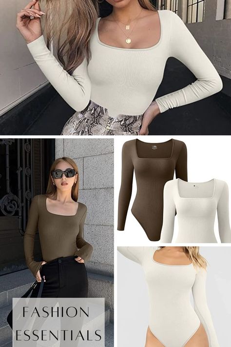 OQQ Women's 2 Piece Bodysuits Sexy Ribbed One Piece Square Neck Long Sleeve Bodysuits stylish outfits, outfits aesthetic, aesthetic styles outfits, Fashion trends ,spring outfits Aesthetic Styles Outfits, Aesthetic Styles, Square Neck Long Sleeve, Womens Bodysuit, Fashion Essentials, Long Sleeve Bodysuit, Outfits Aesthetic, Aesthetic Fashion, Square Neck