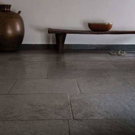 Ideal for your indoor flooring or outdoor patio. 'The Heritage collection' gives textures and colour tones that display a time-worn traditional stone. The mid-dark grey tones of Pewter Limestone create a classic look perfect for both a contemporary and traditional design with a tumbled, brushed finish and cushioned antiqued edges. #flooring #stonefloor #tiles #rustic #floortiles #flooringideas #floorinspo Stone Floor Texture, Dark Tile Floors, Limestone Floor, Limestone Floor Tiles, Slate Patio, Outdoor Porcelain Tile, Stone Tile Flooring, Entry Tile, Dark Tile