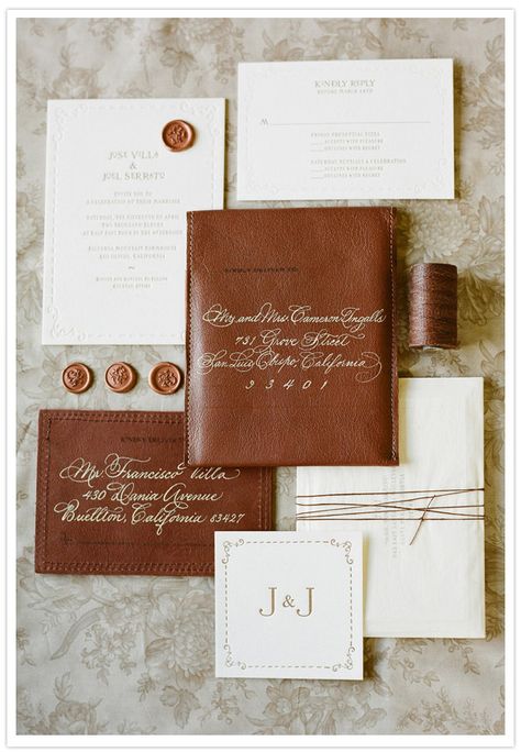 masculine details | @MarthaStewartWeddings Masculine Wedding Invitations, Leather Wedding Invitations, Jose Villa Wedding, Vintage Style Wedding Invitations, Safe The Date, Masculine Wedding, Wedding Invitation Trends, Letterpress Invitations, Brown Wedding