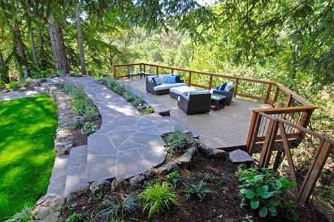 Deck over hillside/ slope from http://www.mladesigngroup.com/projects Hillside Deck, Sloped Backyard Landscaping, Landscaping On A Hill, Sloped Yard, Sloped Backyard, Hillside Landscaping, Deck Designs Backyard, Sloped Garden, Decks Backyard