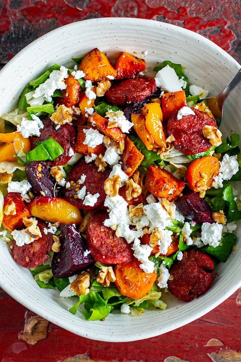 Halloumi Vegetable Bake, Beetroot Halloumi Salad, Avocado Halloumi, Healthy Halloumi Salad, Beet Recipes Healthy, Mediterranean Dressing, Herby Couscous With Halloumi, Roast Vegetable Couscous Salad, Chorizo Salad