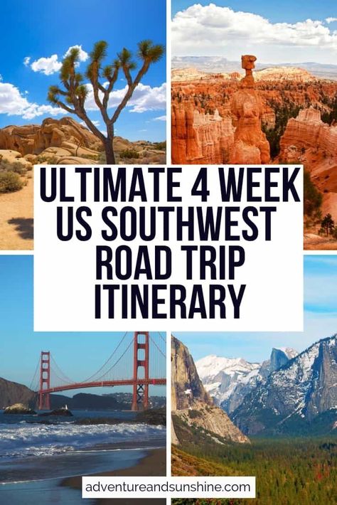 Discover the best of the American Southwest with this ultimate 4 week US SouthWest Road trip itinerary including San Francisco, Yosemite National Park, Zion, Bryce, Grand Canyon, Joshua Tree, Las Vegas, Los Angeles and more! Arizona | Utah | Nevada | California | Highway 1 stops | US National Parks | Best US Road Trip | USA itinerary Arizona Parks Road Trip, Arizona To Florida Road Trip, South West National Park Road Trip, 7 Day National Park Road Trip, Ultimate Road Trip Out West, Nevada Arizona Utah Road Trip, East To West Road Trip Usa, West Road Trip Itinerary, Trips Out West Itinerary