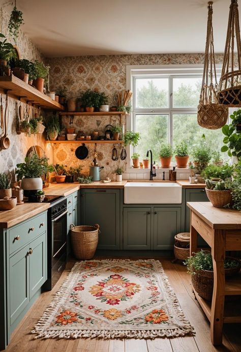 27 Stunning Boho Kitchen Designs That Will Inspire You 32 Boho Decor Colorful, Boho Living Kitchen, Kitchen Design Types, Small Kitchen Ideas Without Cabinets, Boho Kitchen Flooring, Retro Style Kitchen Ideas, Bavarian Home Decor, Cute Boho Kitchen, Boho Kitchen Remodel Ideas