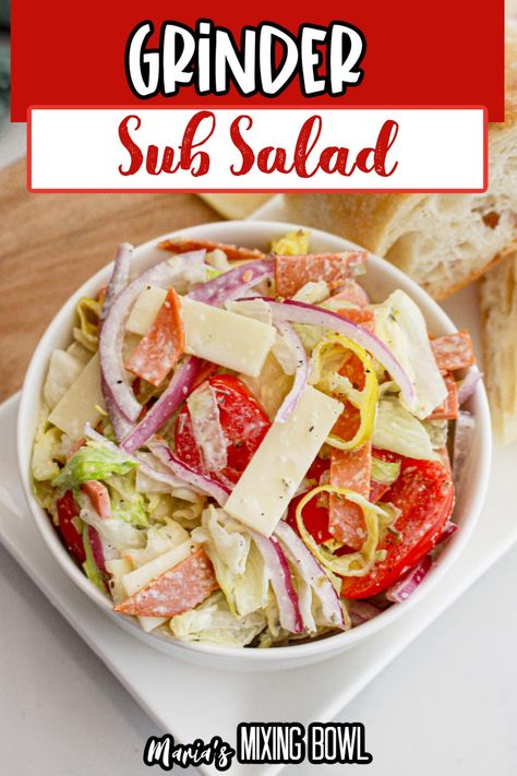 This Grinder Sub Salad is a great enjoy to enjoy all the flavors of your favorite sub sandwich in a salad form. Jersey Mikes Sub In A Bowl, Sub In A Tub Salad Bowls, Sub In A Bowl, Sub Salad, Grinder Salad, Baking Recipes Pie, Sub Sandwich, Salads To Go, Sub Sandwiches