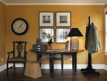 benjamin moore bryant gold is a lovely deep yellow that is warm and a good paint colour for a north facing room Benjamin Moore Paint Colours, North Facing Room, Gold Painted Walls, Warm Paint Colors, Gold Living Room Decor, Northern Exposure, Gold Rooms, Gold Living Room, Yellow Room