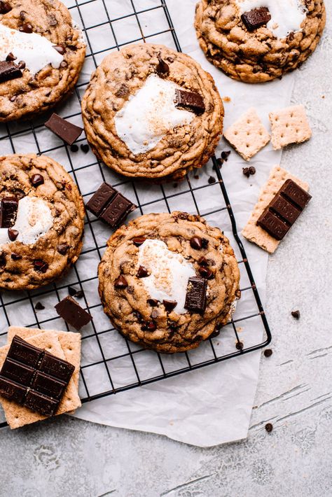 Sourdough Smores Cookies, Special Cookies Recipes, S’more Cookie, S'mores Cookies, Large Cookies Recipe, Cookie Photography Styling, Cookies Photography Styling, Bakery Food Photography, Artisan Cookies