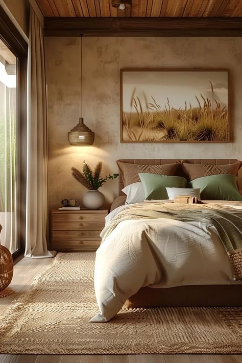 19 Best Earthy Modern Bedroom Ideas for a Cozy Retreat 56 Earthy Wallpaper Bedroom, Earthy Minimalist Bedroom Aesthetic, Earthy Rustic Bedroom, Cozy Airbnb Bedroom, Earthy Organic Bedroom, Cozy Basement Bedroom Ideas, Wooden Style Bedroom, Earthy Master Bedrooms Decor, Bedroom Natural Colors