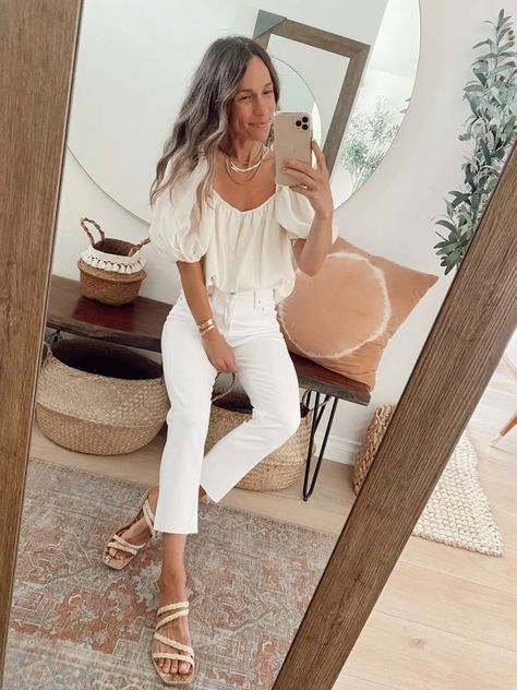 Itsy Bitsy Indulgences11 Easy Date Day/Night Outfits For Spring or Summer Soft Living, Outfits For Spring, Ruffle Tube Top, Night Skirt, Raffia Sandals, White Jeans Outfit, White Bottoms, Sandals Outfit, Easter Outfit