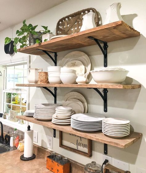 Rustic Open Shelving Kitchen, Kitchen With Shelves, Kitchen Open Shelf, Small Kitchen Shelf, Shelving In Kitchen, Hype Beast Bedroom, Open Shelving Kitchen, Open Kitchen Cabinets, Kitchen Open Shelves