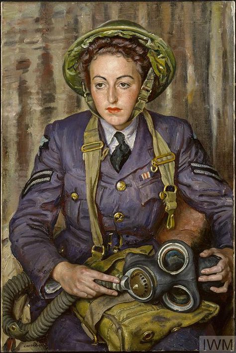 image: three-quarter length portrait of Josephine Maude Gwynne Robins seated and wearing a blue WAAF uniform and tinhelmet, with a gas respirator on her lap Knight Paintings, Dame Laura Knight, Laura Knight, Giovanni Boldini, Social Realism, Painting Woman, Edouard Manet, Arte Dc Comics, Camille Pissarro