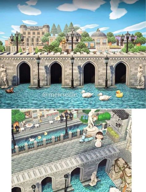 European Island Animal Crossing, Acnh Castle Village, City Animal Crossing New Horizon, Animal Crossing European Town, Acnh European Citycore, Acnh City Ideas, Funny Animal Crossing, Animal Crossing Inspo, Horizon City