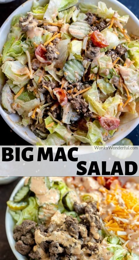 Following the Keto Diet and feeling those fast food cravings? This Low Carb Big Mac Salad Recipe is a life saver! Enjoy all the flavors of a Big Mac Cheeseburger without the bun and carbs. Perfect for a low carb dinner or lunch. #lowcarbrecipes #ketorecipes #lowcarbdinner #lowcarb #keto #saladrecipes #bigmacsalad Low Carb Big Mac Salad, Big Mac Cheeseburger, Big Mac Salad Recipe, Low Carb Big Mac, Mac Salad Recipe, Big Mac Salad, Lunch Salad, Mac Salad, Couscous Salat