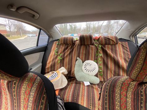 Brown Car Decor, Tapestry In Car, Indie Car Interior, Car Backseat Decor, Bug Car Interior, 70s Car Interior, Beetle Car Interior, Cottagecore Car Decor, Cute First Cars