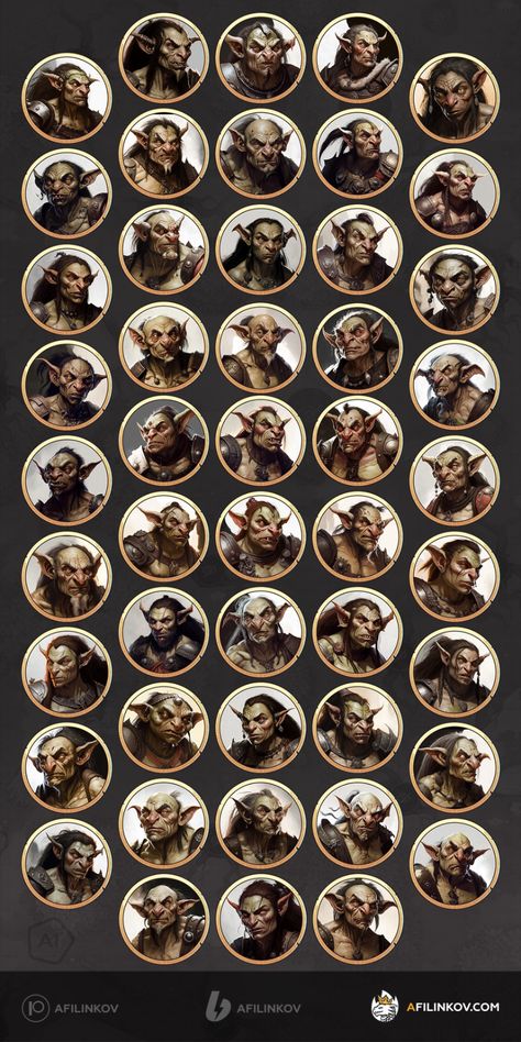 Big set of NPC tokens for your online games: goblins. (DnD, Pathfinder) Goblin Dnd, Dnd Tokens, Iron Golem, Dnd Classes, Pointy Ears, Dnd Stuff, Gaming Token, Fantasy Portraits, Fantasy Races