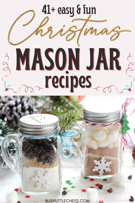 From cookie recipes and chia tea mixes to lavendar sugar and body butter recipes, here are the best easy mason jar Christmas recipes! Small Mason Jar Cookie Mix Recipe, Coffee Mix Recipes Gift Ideas, Cookie Recipe In A Jar Gift, Baking Mixes In A Jar, Jar Recipes Gifts Dry Mixes Christmas, Baking Jar Gifts, Mason Jar Mixes Recipe, Pint Size Mason Jar Cookie Recipes, Mason Jar Treats Gifts