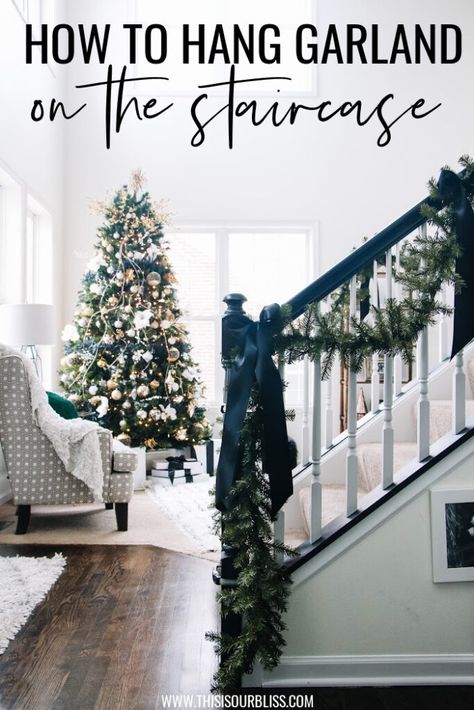 How to Hang Garland on the Staircase // This is our Bliss Banister Garland, Christmas Garland Staircase, Oak Banister, Stair Banister, Pre Lit Garland, Hanging Garland, Hanging Stockings, Christmas Porch Decor, Staircase Railings