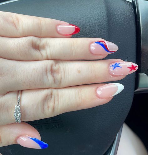 fourth of july nails / independence day nails / happy 4th / dip powder overlay with design / embellished by mariam salon in winter park, florida / 4th of july / holiday nails / acrylic gel manicure / nail design / stars and stripes / red white and blue nails / USA / united states of america Nail Inspo 4th Of July Simple, Forth Of July Nails Coffin, 4th Of July Nail Designs Square, Fourth Of July Aura Nails, 4of July Nails Simple, 4th Pf July Nail Ideas, 4h Of July Nails, 4 Of July Nails Acrylic Almond, Memorial Day Nails Almond