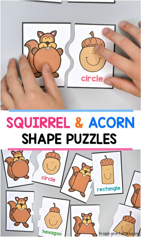 Practice matching shapes with these squirrel and acorn shaped puzzles! A seasonal freebie that is perfect for math centers with preschool and kindergarten kids this fall. #shapegames #fallfreebies #shapefreebies Free Fall Patterns, Shapes Puzzles, Fall Lesson Plans, Preschool Fall, Fall Preschool Activities, Fall Lessons, Shapes Preschool, Autumn Activities For Kids, Fall Preschool