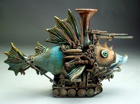 Mitchell Grafton creates whimsical pottery featuring grotesque and fantastical creatures like something out of a Tim Burton cartoon. Description from geekartgallery.blogspot.com. I searched for this on bing.com/images Steampunk Animals, Diesel Punk, Punk Art, Jules Verne, Steampunk Design, Steampunk Art, Arte Fantasy, Dieselpunk, Fish Art