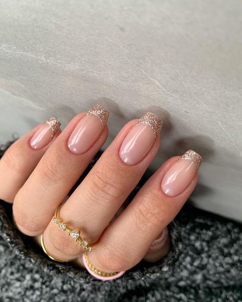 Simple Prom Nails French Tips, 2023 Nail Trends For Women, Rose Gold Square Nails, Champagne French Tip Nails, Short Glitter French Tip Nails, Gold Glitter French Tip Nails, Neutral Nails With Gold, Party Nails New Years Eve, Cute New Years Nails