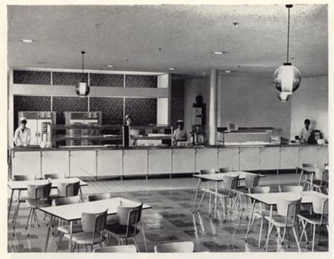 Vintage Canteen, Staff Canteen, Building Design Ideas, Office Cafeteria, Accounting Office, School Cafeteria, Sports Complex, 70s Retro, Building Design