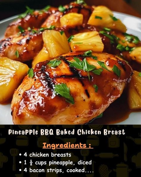 Ingredients: 4 chicken breasts 1 ½ cups pineapple, diced 4 bacon strips, cooked and chopped... Christmas Chicken Recipes, Southwestern Chicken Wrap, Bbq Baked Chicken Breast, Bbq Baked Chicken, Christmas Pineapple, Bbq Chicken Breast, Baked Bbq Chicken, Christmas Chicken, Chicken Breast Recipes Baked