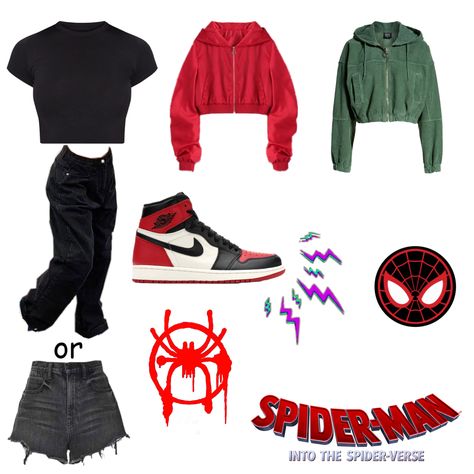 Spider Man Based Outfits, Prowler Miles Morales Outfit, Miles Morales Disneybound, Miles Morales Themed Outfit, Spider Man Movie Outfit, Spiderman Across The Spider Verse Outfit, Miles Morales Fashion, Strawberry Miles Morales, Spider Man Across The Spider Verse Nails