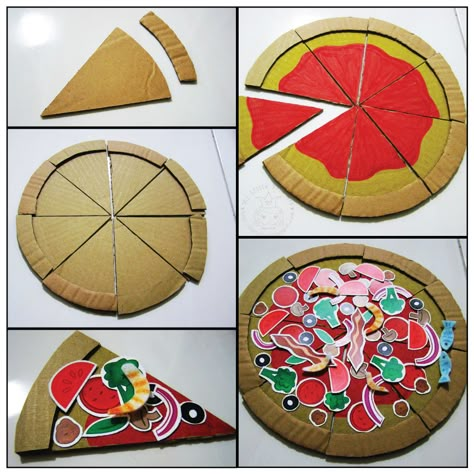 How To Make A Pizza Box Diy, Cardboard Play Food Diy, Cardboard Pizza Craft, Cardboard Pizza Shop, Cardboard Food Crafts, Pizza Cardboard, Cardboard Food, Pizza Craft, Diy Kids Kitchen