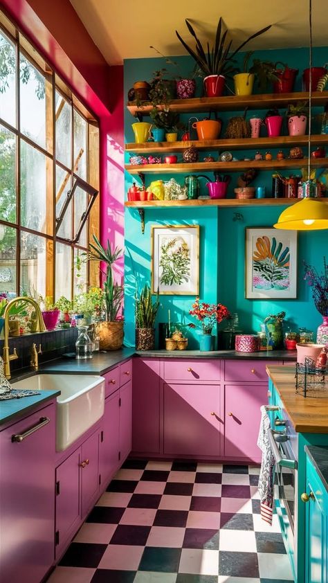 Kitchen Design 70s, Eccentric Kitchen Decor, Funky Colorful Aesthetic, Funky Farmhouse Decor, 70s Maximalist Decor, Eclectic Kitchen Bohemian, 70s Aesthetic Home Decor, Retro Kitchen Ideas Vintage, Hippie Kitchen Decor