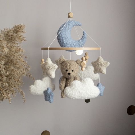 Baby Boy Bear Nursery, Boucle Nursery, Teddy Bear Mobile, Dusty Blue Nursery, Blue Boys Nursery, Blue Bear Nursery, Blue Baby Nursery, Bear Nursery Theme, Teddy Nursery