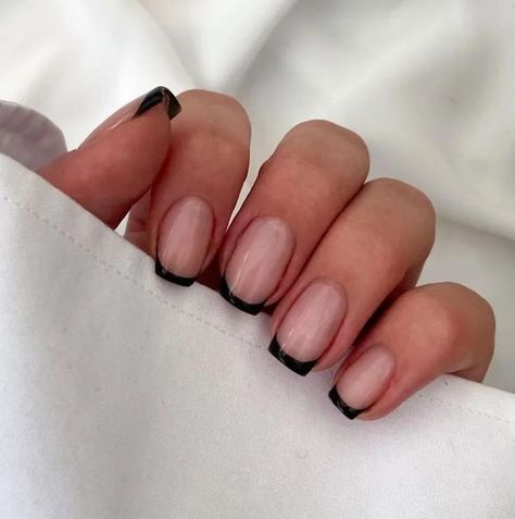 10 Edgy Square Black French Tip Nails Ideas - ZaiuBee Black Nail Tips French Manicures, Black French Tip Square Nails, Black French Tip Square, Nude Nails With Black Tips, Square Black French Tip Nails, Black Tip French Manicure, Square Black French Tip, Black French Tip Nails Square, French Square Nails