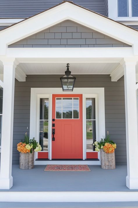 Red front door of a gray house with white trim, flanked by flower-filled barrels and covered by a small porch. Shutter And Door Colors For White House, Front Door Colors With Brown Siding, Grey House Door Color Ideas, Front Door Paint Colors For Gray House, Statement Front Door, Coral Front Doors, House Doors Colors, Grey Brick Houses, Dark Grey Houses