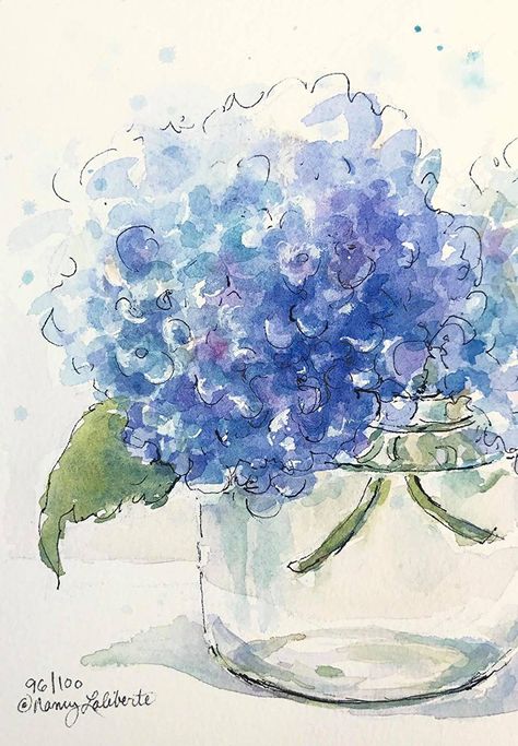 My Blue Heaven 96/100 by Nancy Laliberte Watercolor ~ 7" x 5" Hydrangea Watercolor Painting, Hydrangea Watercolor, Book Scrapbooking, Sketchbook Watercolor, Arty Ideas, Watercolor Hydrangea, Hydrangea Painting, Hydrangea Bloom, Watercolor Painting Ideas