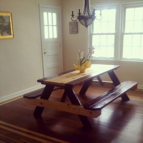 $80 picnic table from lowes + two different color finishes = gorgeous dining room table! Picnic Bench Dining Table, Picnic Table In Kitchen, Picnic Table Indoor, Picnic Table Dining Room, Indoor Picnic Table, Picnic Style Dining Table, Rehabbed Furniture, Rooftop Farming, Farmhouse Picnic Table