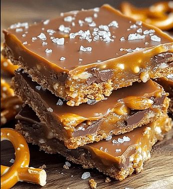 Caramel Pretzel Crack Bars Recipe | Easy No-Bake Dessert Idea Caramel Chocolate Bars Recipe, Butterscotch Pretzel Bars, No Bake Pretzel Cookies, Chocolate Caramel Crunch Bars, Salted Chocolate Caramel Pretzel Bars, Chocolate Caramel Pretzel Cookies, Carmel Desserts Bars, Recipe With Caramel Bits, No Bake Caramel Pretzel Cracker Bars