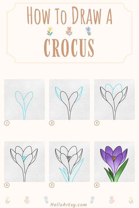 6 steps demonstrating how to draw a how to draw a crocus for kids. Plant Drawing Step By Step, Spring Drawing For Kids, Crocus Flower Drawing, Crocus Drawing, Spring Drawing Easy, Simple Flower Drawing, Quick Painting, Spring Drawing, Easy Flower Drawings