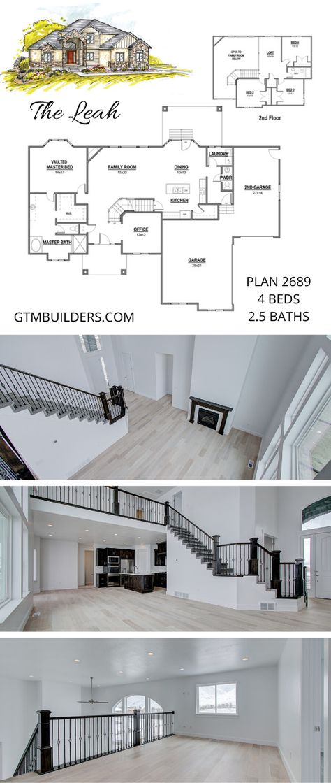 Love this floor plan! The soaring ceilings, the loft and kitchen, and even the master suite! Gorgeous!   #2story #floorplans #bestfloorplans #4bedroom #open #luxury #dreamhome #basement #3cargarage #loft #fireplace #farmhouse #dreamhome Loft Fireplace, Loft House Plans, Fireplace Farmhouse, Fireplace Floor, Loft Floor Plans, Simple Floor Plans, Open Floor House Plans, Small Cottage House Plans, Basement House Plans