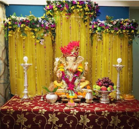 27 Best Trending Ganesh Chaturthi Decoration Ideas for home 2019 Ganesh Chaturthi Decoration Grand, Curtain Decoration For Ganpati, Ganesha Decoration Ideas Unique, Ganesh Pandal Decoration, Ganesh Pandal Decoration Ideas, Chaturthi Decoration Ideas, Ganesh Chaturthi Decoration Ideas, Flower Decoration For Ganpati, Eco Friendly Ganpati Decoration